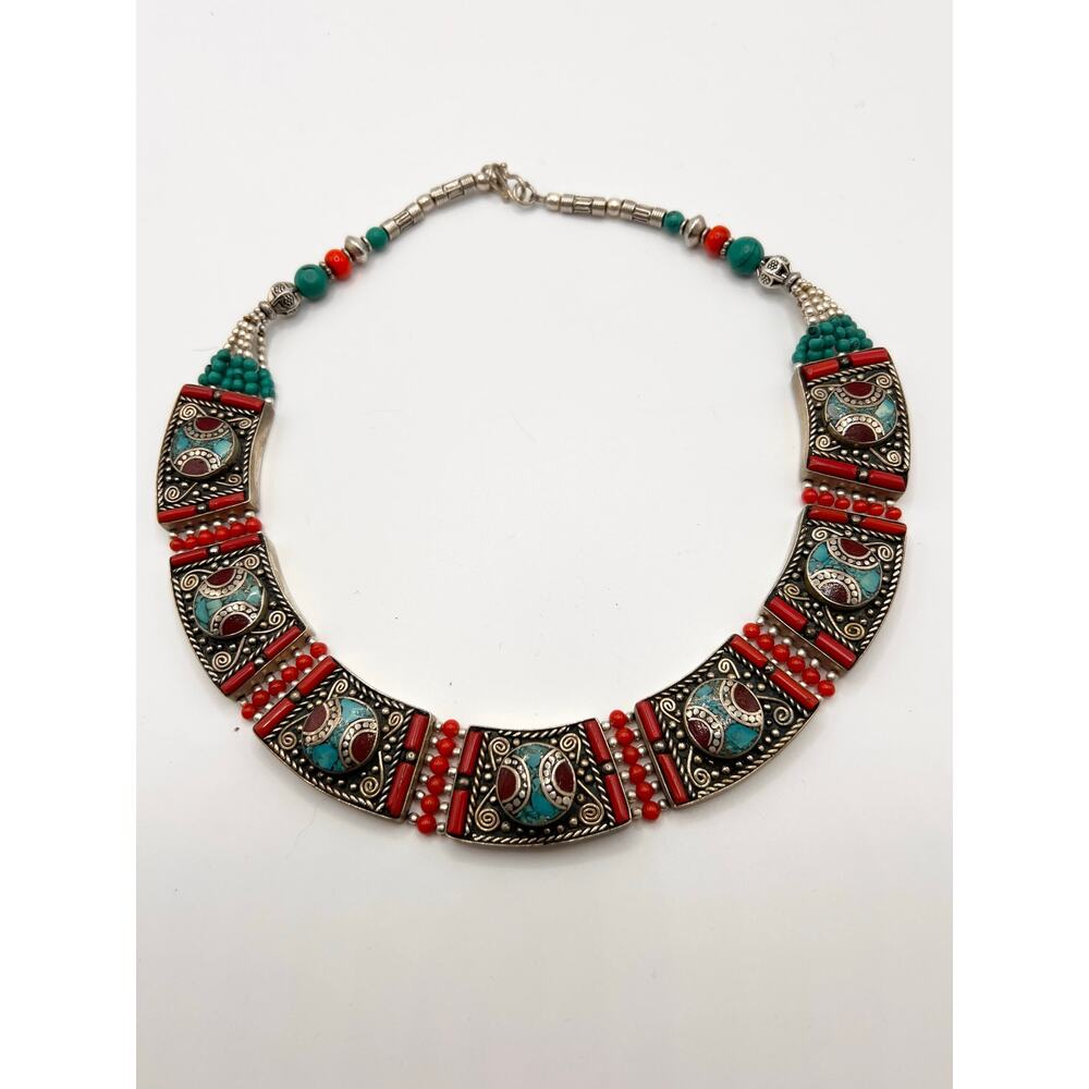 Tibetan silver necklace genuine turquoise and coral stone boho jewelry